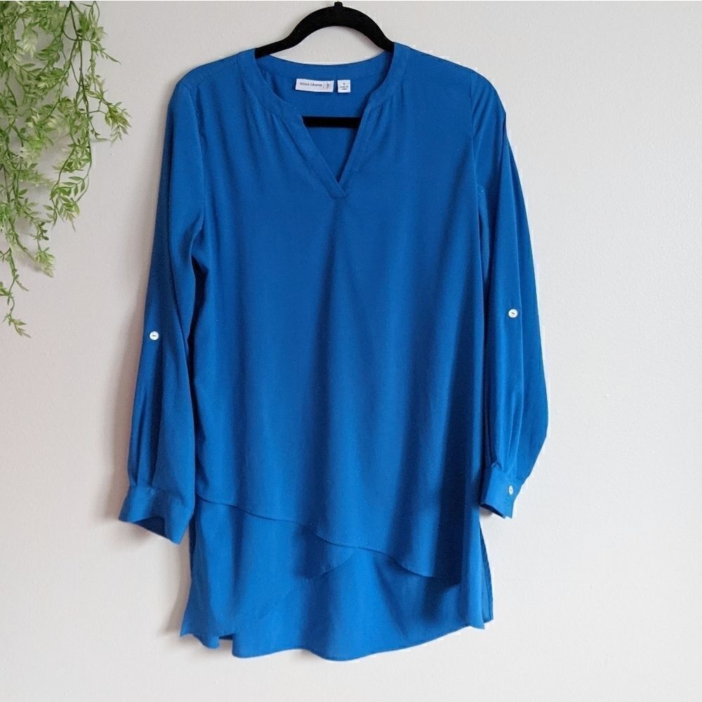 (Susan Graver) Blue Tunic Blouse 4 - Picture 1 of 10